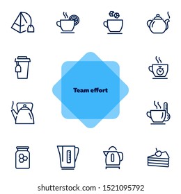 Tea time line icon set. Cup, sugar, pot, kettle, dessert. Tea concept. Can be used for topics like tea party, break, breakfast