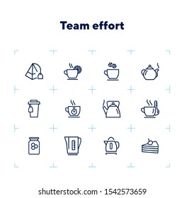 Tea time line icon set. Cup, sugar, pot, kettle, dessert. Tea concept. Can be used for topics like tea party, break, breakfast