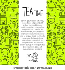 Tea time linear icons background. Cafe hot drinks thin line menu illustrations. Modern icons for tea shop and tea house. Colorful template for your design, prints and illustrations. Line style Vector