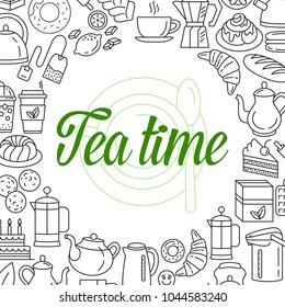 Tea time linear icons background. Round border frame. Cafe hot drinks thin line menu illustrations. Modern icons for tea shop and tea house. Colorful template for your design. Editable Stroke.