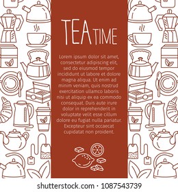 Tea time linear icons background. Cafe hot drinks thin line menu illustrations. Modern icons for tea shop and tea house. Colorful template for your design, prints and illustrations. Line style Vector