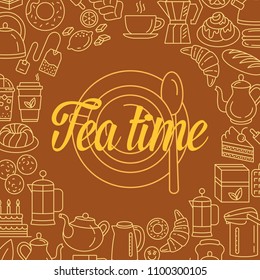Tea time linear icons background. Round border frame. Cafe hot drinks thin line menu illustrations. Modern icons for tea shop and tea house. Colorful template for your design. Editable Stroke.