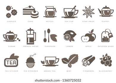 Tea time linear icons set, cookie, cake, kettle, cup, sugar, french press, teaspoon, lemon, apple, infusion bag, strainer black vector Illustrations