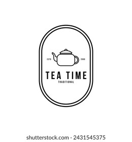 Tea time logo diseño vintage insignia retro con icono de hervidor