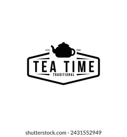 Tea time logo design vintage retro style badge with kettle silhouette