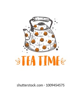 Tea time. Logo, icon and label for your design. Hand drawn doodle vector illustration. Can be used for menu, cafe, restaurant, bar, emblem, sticker, badge.