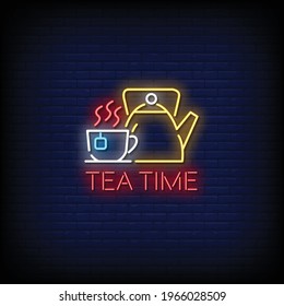 Tea Time Logo Neon Signs Style Text Vector