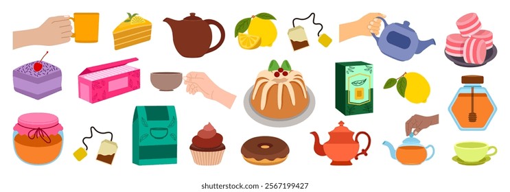 Tea time. Lovely girl holding mug of hot drink, sweet desserts, cookies and cakes on cute cozy dishes, ceramic cups and teapots, breakfast elements,cozy autumn mood tidy vector cartoon set