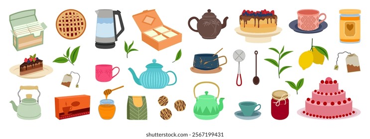 Tea time. Lovely girl holding mug of hot drink, sweet desserts, cookies and cakes on cute cozy dishes, ceramic cups and teapots, breakfast elements,cozy autumn mood tidy vector cartoon set