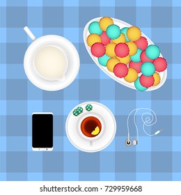 Tea time with macaroons and milk in jar. Vector illustration.
