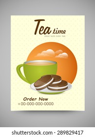 Tea Time Menu Card Design dekoriert mit Teebecher und Keksen für Restaurant und Café.
