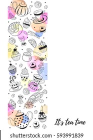Tea time menu concept. Tea and coffee party greeting card design. Hand drawn line art illustration with teapots, cups and sweets.
