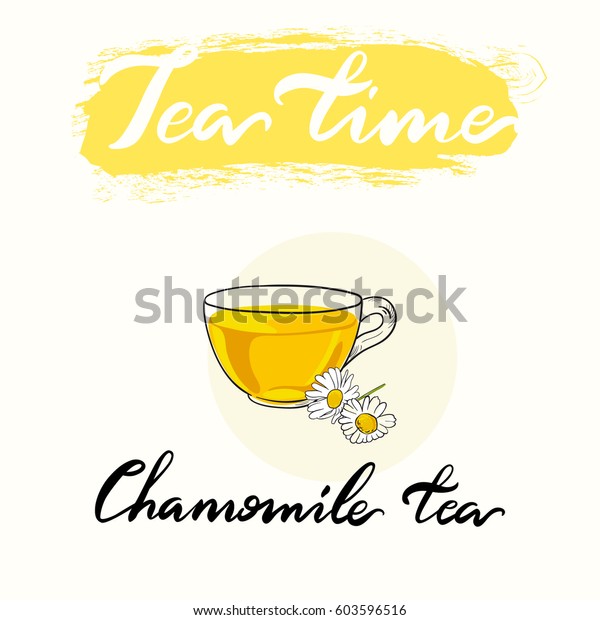 お茶の時間メニューの飲み物 カモミール茶のベクター画像コレクション 手書きの文字 のベクター画像素材 ロイヤリティフリー