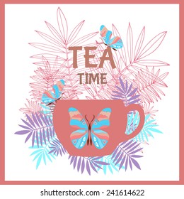 Tea time. Menu for restaurant, cafe, bar, tea-house. Cup in the form of a house with windows and doors and trees in pots near hear. Tea card template. Green tea menu. Tea party invitation.