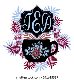 Tea time. Menu for restaurant, cafe, bar, tea-house. Cup in the form of a house with windows and doors and trees in pots near hear. Tea card template. Green tea menu. Tea party invitation.