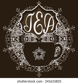 Tea time. Menu for restaurant, cafe, bar, tea-house. Cup in the form of a house with windows and doors and trees in pots near hear. Tea card template. Green tea menu. Tea party invitation.