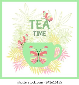 Tea time. Menu for restaurant, cafe, bar, tea-house. Cup in the form of a house with windows and doors and trees in pots near hear. Tea card template. Green tea menu. Tea party invitation.