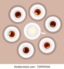 Tea time with milk in jar for big family. Vector illustration.