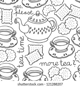 tea time monochrome seamless pattern with porcelain and cookies on white background