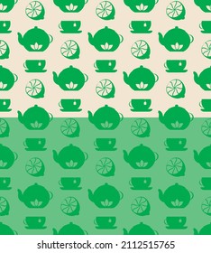 Patrón sin fisuras monocromo de tiempo de té. Silhouettes de tetera, taza, limón, cuadrícula geométrica, paleta de colores de tonos verdes. Color de fondo fácil de editar en blanco o verde. Vector