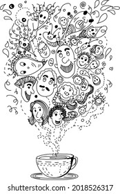Tea Time Mood Vector Illustration. Black and White Doodle Artwork. Freehand Digital Art. Background, Wallpaper, Poster Graphics