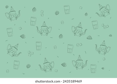 Tea Time in Morocco: Illustrating the Essence of Tradition
A Seamless Pattern Celebrating Moroccan Tea. Illustrated with Sugar, Teapot, glass cups, Mint, and Tea. Vector Illustration