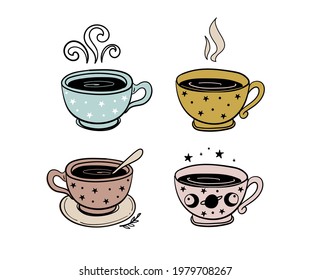 Tea time, a mug of tea, a cup of coffee. Set of illustration for cafe, herbal potion, color hand drawing isolated on white background. Vector illustration.