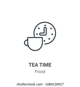 Icono vectorial de esquema de tiempo de té. Icono de tiempo de té negro en línea delgada, ilustración de elemento simple vector plano del concepto de alimento editable trazo aislado en fondo blanco