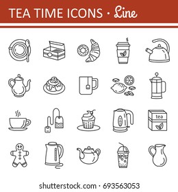 Tea time - Outline web icon set. Kitchen appliances and various kinds of kettles. Editable stroke. Vector Illustration.