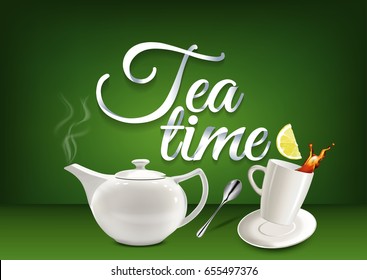 "Tea time" paper hand lettering calligraphy. Vector illustration with tea objects and text.