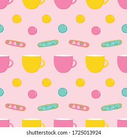 Tea time, tea party cute vector seamless pattern background with colorful tea cups, macarons and eclairs.