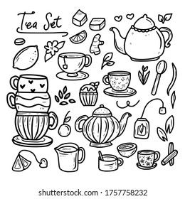 Tea time party doodle collection with cake and cute ornament design collection