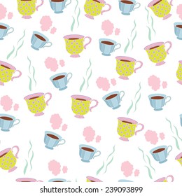 Tea time party seamless pattern. Coffee and tea cups. Vector illustration.