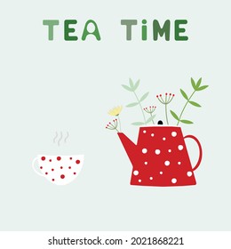 La frase del té. Cuidada ilustración moderna infantil del té con hierbas. Té de hierbas caliente con tetera.