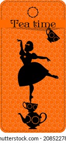 Tea time. Plump woman pouring tea. Tea party vintage card. Vector illustration