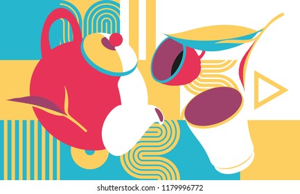 Tea time pop art style. tea leaves, tea, cup, glass, isometric illustration, set