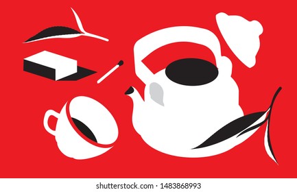 Tea time pop art style. tea leaves, tea, cup, glass, isometric illustration, set