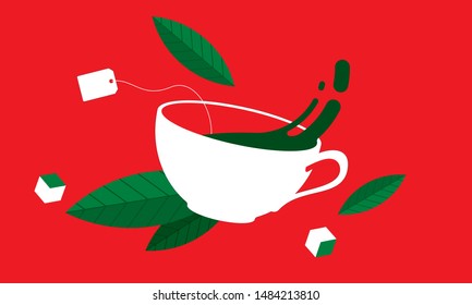 Tea time pop art style. tea leaves, tea, cup, glass, isometric illustration, set