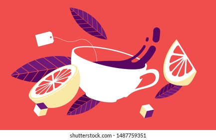 Estilo de arte pop del té. hojas de té, té, taza, vidrio, ilustración isométrica, set