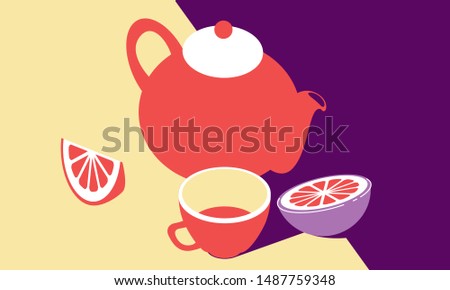 Tea time pop art style. tea leaves, tea, cup, glass, isometric illustration, set