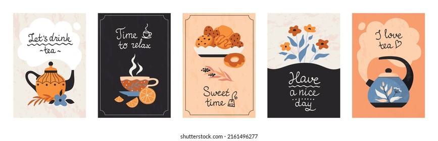 Tea Time Poster. Background For Signboard English Lettering, Bakery Emblems, Menu Decoration Sketch Elements, Shop Or Cafe Decor, Afternoon Sweet Home Party. Kettles And Flowers. Vector Set