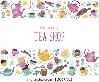 Tea time poster concept. Tea party card design. Hand drawn doodle illustration with teapots, cups and sweets in horizontal stripes composition.