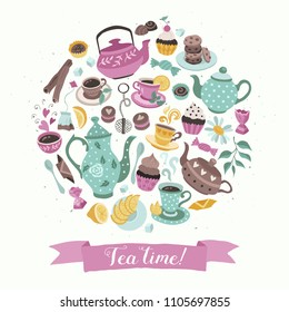 Tea time poster concept. Tea party card design. Hand drawn doodle illustration with teapots, cups and sweets in circle shape composition.