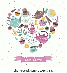 Tea time poster concept. Tea party card design. Hand drawn doodle illustration with teapots, cups and sweets in heart shape composition.