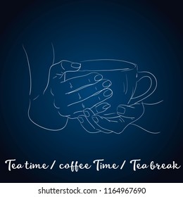 Tea time poster concept. Tea party greeting card design. Hand drawn illustration of hand holding tea cup isolated on blue background.