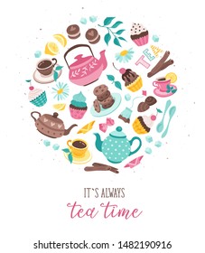 Tea time poster concept. Tea party greeting card design. Hand drawn vector illustration with teapots, cups and sweets in circle shape composition.
