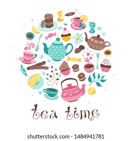 Tea time poster concept. Tea party greeting card design. Hand drawn vector illustration with teapots, cups and sweets in circle shape composition.
