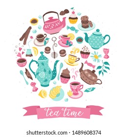 Tea time poster concept. Tea party greeting card design. Hand drawn vector illustration with teapots, cups and sweets in circle shape composition.