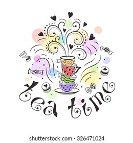 Tea time poster concept. Tea party card design. Hand drawn doodle illustration with teapots, cups and sweets.