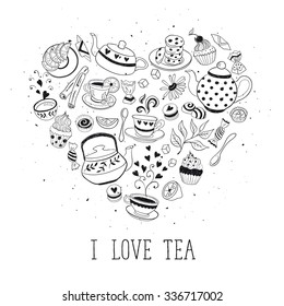 Tea time poster concept. Tea party card design. Hand drawn doodle illustration with teapots, cups and sweets. Tea time objects in heart shape. I love tea.